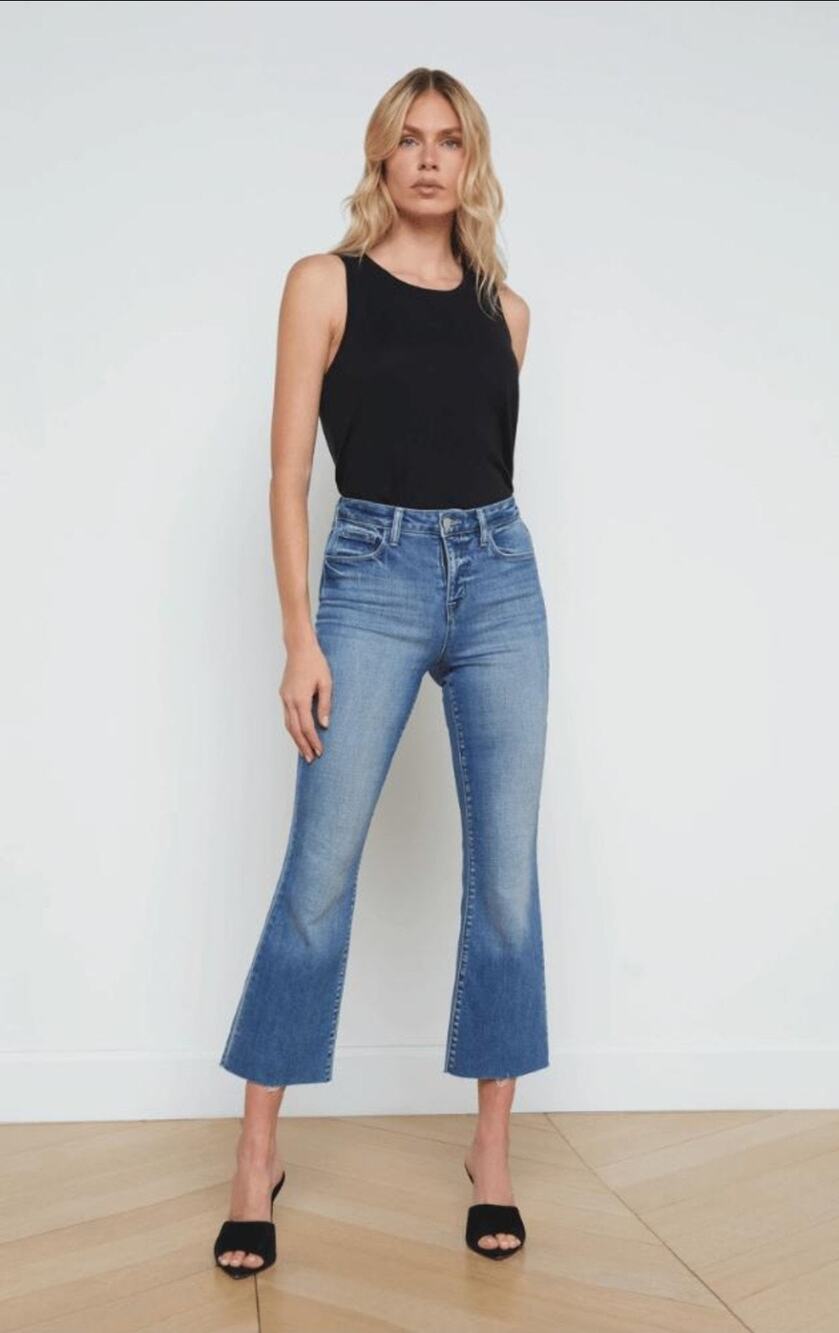 L'AGENCE Kendra High Rise Cropped Flare Laguna Jeans Raw Hem Stretch Denim Sz 32